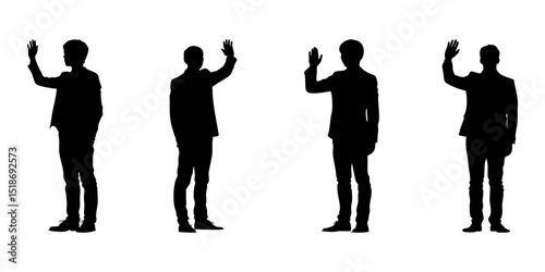 Silhouetted Men Waving In Solid Icon Set. Greeting And Communication Gesture Symbol Collection. Business And Social Interaction Visuals. Isolated Vector Illustration