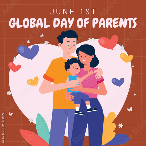 Global day of parents. 1st June Parents day celebration banner with family icons: Father, mother, son. The day spread awareness and importance of parenthood and their central role in child development