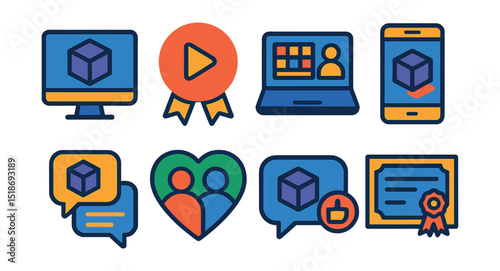 Flat vector icons of community and education: 3D modeling course icon, tutorial video badge, online workshop screen, student project showcase, design feedback chat, mentorship icon, 3D modeling forum