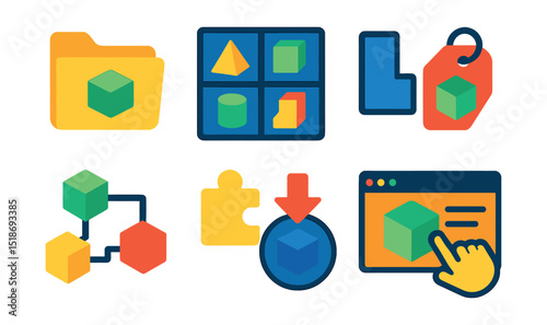 Flat vector icons of asset libraries and kitbashing: asset folder icon, prebuilt model grid, modular piece block, asset tag symbol, kitbash part group, reusable component icon, insert mesh tool, drag