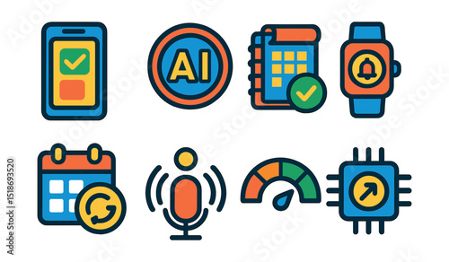 Flat vector icons of trends and innovation in time management: productivity app trend icon, AI time assistant badge, smart planner innovation, wearable reminder device, calendar sync trend,