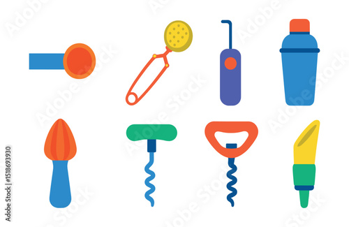 Flat vector icons of beverage preparation utensils: coffee scoop, tea infuser, milk frother, cocktail shaker, citrus reamer, bottle opener, corkscrew, wine pourer.