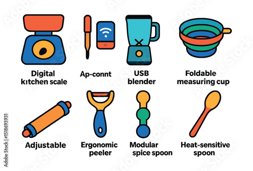 Flat vector icons of smart and modern kitchen tools: digital kitchen scale, app-connected thermometer, USB blender, foldable measuring cup, adjustable rolling pin, ergonomic peeler, modular spice