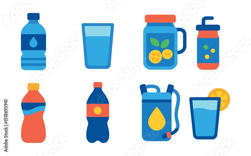 Flat vector icons of water-based drinks: bottled water, glass of water, sparkling water can, infused water jar, electrolyte drink, mineral water bottle, hydration pack, water with lemon.