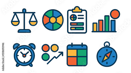 Flat vector icons of balance and life alignment: balanced scale icon, harmony wheel badge, life domain tracker, personal balance chart, time for self symbol, aligned priorities layout, lifestyle