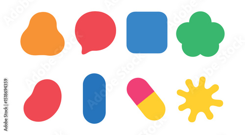 Flat vector icons of rounded shapes: blob, bubble, rounded square, cloud shape, bean form, pill shape, capsule, splash icon.