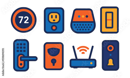 Flat vector icons of smart home devices: smart thermostat, smart plug, home assistant hub, smart light switch, smart door lock, motion sensor, Wi-Fi router, camera doorbell.