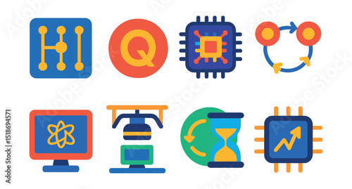 Flat vector icons of quantum computing and advanced tech: quantum circuit icon, Q-bit badge, futuristic processor, entangled particles icon, quantum simulation tool, computing lab scene, time-space