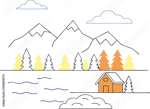 Minimalist landscape illustration with clouds trees water and cabin in geometric style