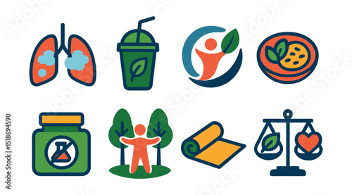 Flat vector icons of health, wellness, and the environment: clean air lungs, green smoothie cup, nature therapy symbol, plant-based meal, toxin-free skincare jar, wellness through nature icon,