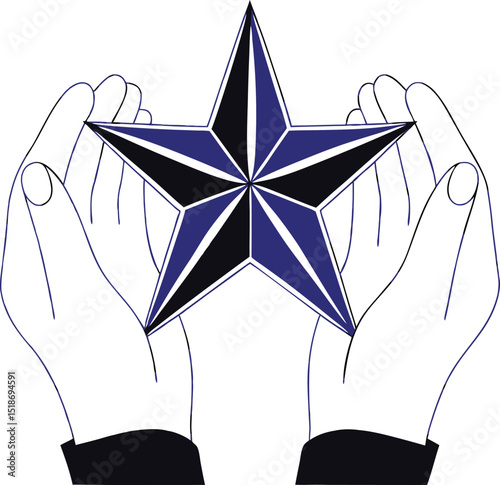 Minimalist line art of a star held tenderly in open human hands