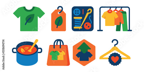 Flat vector icons of sustainable fashion and textiles: eco t-shirt icon, organic cotton tag, mending kit, capsule wardrobe rack, natural dye pot, clothing swap bag, upcycled fashion badge, slow