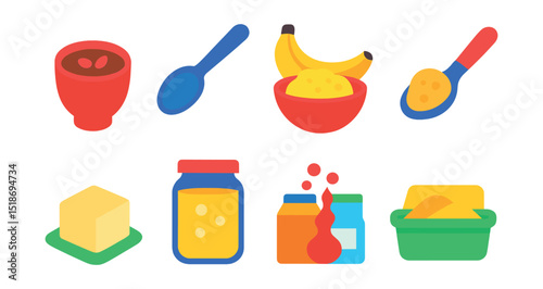 Flat vector icons of vegan baking substitutes: flax egg cup, chia egg in spoon, mashed banana in bowl, applesauce scoop, silken tofu cube, aquafaba jar, baking soda and vinegar mix, vegan butter tub.