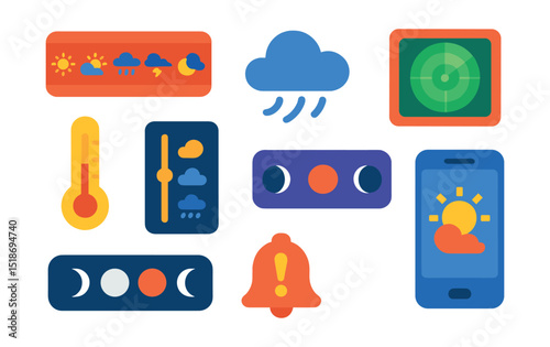 Flat vector icons of weather app and forecast elements: weekly forecast icons, temperature bar, animated cloud symbol, radar image screen, hourly breakdown, moon phases strip, weather alert bell,