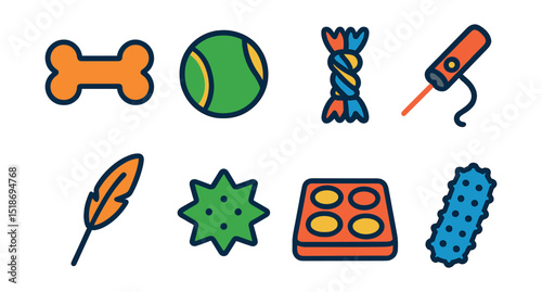 Flat vector icons of pet toys: squeaky bone, tennis ball, rope toy, laser pointer, feather wand, crinkle toy, puzzle feeder, chew toy.