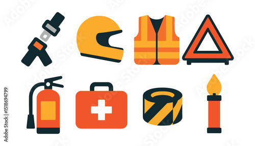 Flat vector icons of road safety equipment: seatbelt, helmet, high visibility vest, warning triangle, fire extinguisher, emergency kit, reflective tape, roadside flare.