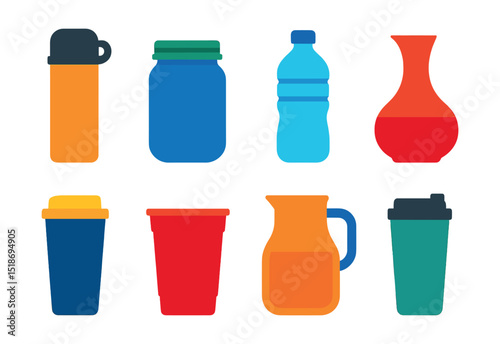 Flat vector icons of drink containers: coffee thermos, mason jar, plastic bottle, wine decanter, travel mug, party cup, glass pitcher, insulated tumbler.