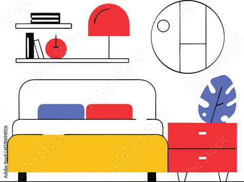Modern bedroom interior illustration with bedside table and decorative elements