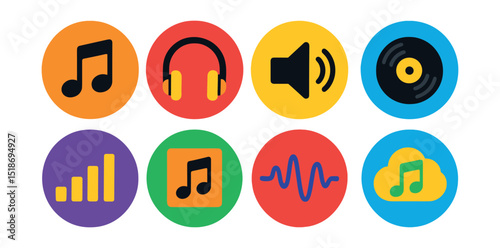 Flat vector icons of music and audio: music note, headphones, speaker icon, vinyl record, equalizer bars, album cover, audio waves, music streaming icon.