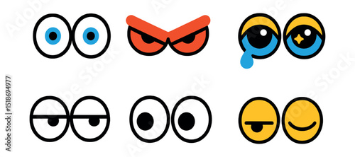 Flat vector icons of emotional reactions in the eyes: wide open eyes for surprise, squinting eyes for anger, teary eyes for sadness, sparkly eyes for joy, rolled eyes for boredom, blank stare, side
