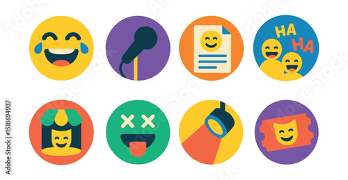 Flat vector icons of comedy and humor: laughing emoji, comedy mic, joke script, audience laugh, improv stage, funny face, stand-up spotlight, comedy ticket.