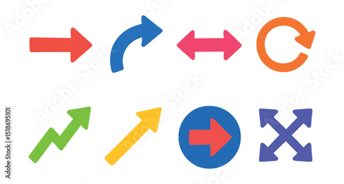 Flat vector icons of arrows as shapes: straight arrow, curved arrow, double arrow, circular arrow, zigzag arrow, diagonal arrow, arrow in circle, expanding arrows.