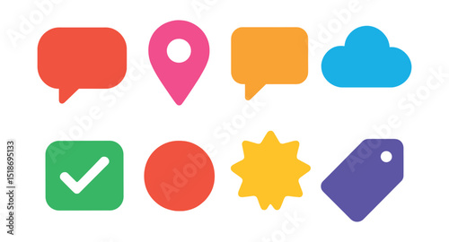 Flat vector icons of shape-based icons: speech bubble shape, location pin, chat box, cloud shape, checkmark inside square, notification badge, badge shape, label tag.