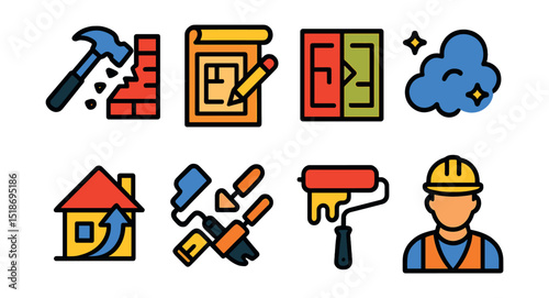 Flat vector icons of renovation and remodeling: wall demo, redesign plan, before/after layout, construction dust, home upgrade icon, renovation tools, paint roller, contractor visit.