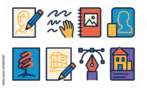 Flat vector icons of sketches and concept art: pencil sketch, hand-drawn lines, sketchbook, design iteration, loose concept, rapid drawing, pen tool, rough elevation.