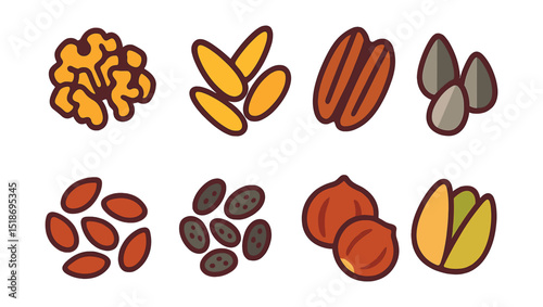 Flat vector icons of nuts and seeds: chopped walnuts, slivered almonds, pecans, sunflower seeds, flaxseeds, chia seeds, hazelnuts, pistachios.