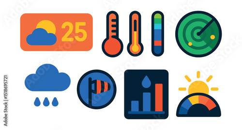 Flat vector icons of weather app elements: weather widget, daily forecast, temperature icon, radar screen, cloud icon, wind speed meter, precipitation chart, UV index.