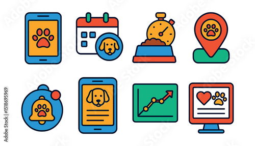 Flat vector icons of pet care apps and tools: mobile pet care app, vet appointment reminder, feeding timer icon, GPS pet tracker, medication alert icon, pet profile screen, training progress graph,