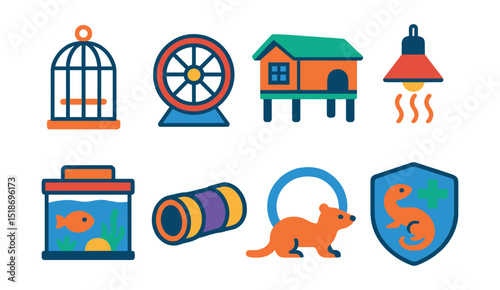 Flat vector icons of exotic and small pet care: bird cage icon, hamster wheel, rabbit hutch, reptile heat lamp, aquarium setup, guinea pig tunnel, ferret toy, exotic vet badge.
