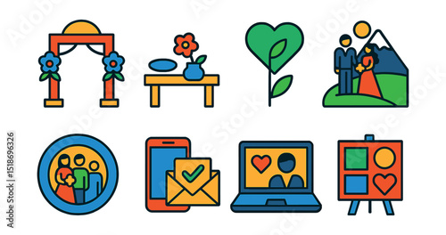 Flat vector icons of wedding trends and ideas: modern altar, minimalist decor, eco-friendly wedding, elopement icon, micro wedding badge, digital RSVP, virtual ceremony, trend board.