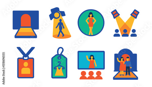 Flat vector icons of runway and fashion shows: runway stage icon, spotlight model symbol, catwalk pose badge, fashion show lights, backstage pass icon, fashion week tag, live show screen, designer