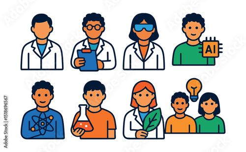 Flat vector icons of scientists and researchers: lab coat person, scientist with clipboard, researcher with goggles, AI developer, physics expert, chemistry student, biology researcher, team of
