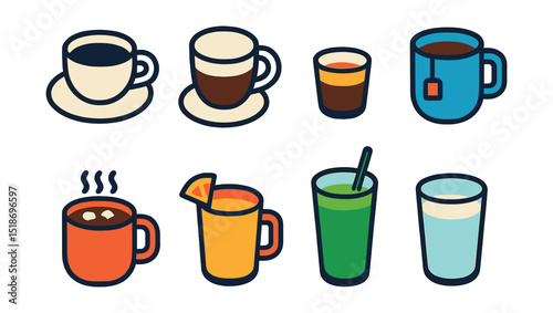 Flat vector icons of morning beverages: black coffee, cappuccino, espresso shot, tea mug, hot chocolate, fresh orange juice, green smoothie, glass of milk.