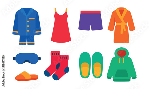 Flat vector icons of loungewear and sleepwear: pajama set, nightgown, sleep shorts, bathrobe, sleep mask, fuzzy socks, bedtime slippers, lounge hoodie.
