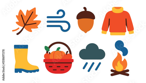 Flat vector icons of autumn weather: falling leaf, wind gust, acorn, cozy sweater, rain boot, harvest basket, cloudy sky, bonfire smoke.