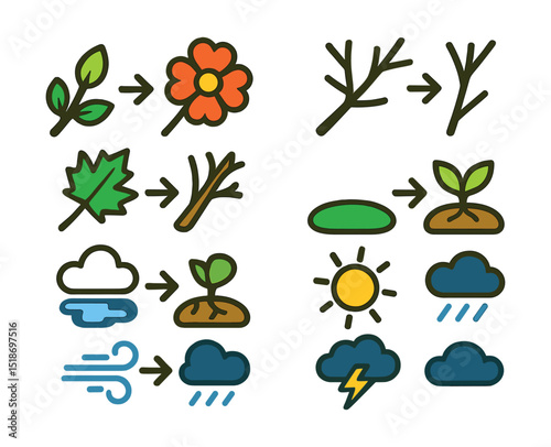 Flat vector icons of seasonal transitions in nature: bud to bloom, leaf to bare branch, snowmelt to grass, dry soil to sprout, fog to sunshine, frost to thaw, gust to breeze, storm to calm.
