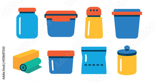 Flat vector icons of storage and container tools: glass jar, airtight container, spice jar, plastic bin, food wrap, foil roll, vacuum seal bag, kitchen canister.