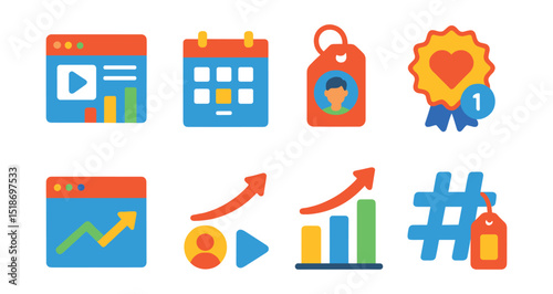 Flat vector icons of social media and influencer marketing: social media dashboard icon, content calendar symbol, influencer tag, social engagement badge, post reach graph, viral trend icon, follower