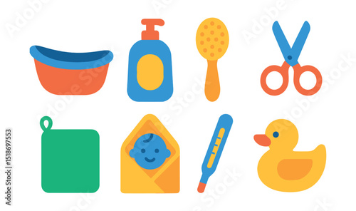 Flat vector icons of baby hygiene items: baby bathtub, shampoo bottle, soft brush, nail scissors, washcloth, baby towel, thermometer, bath toy.