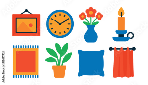 Flat vector icons of home décor elements: picture frame, wall clock, vase with flowers, candle holder, area rug, decorative plant, throw pillow, curtain panel.