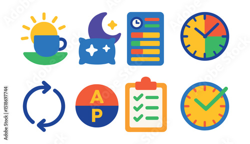 Flat vector icons of daily routines and rhythm: morning routine badge, evening wind-down icon, time block schedule, daily rhythm tracker, repeating routine arrows, AM/PM icon, start-of-day plan,