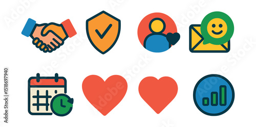 Flat vector icons of relationship and trust: trust handshake icon, reliability badge, loyalty circle, consistent follow-up icon, friendly message emoji, long-term contact calendar, sincerity heart,