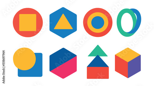 Flat vector icons of combined shape forms: square inside circle, triangle in hexagon, layered ring shapes, interlocked ovals, circle overlapping square, two-tone polygon, stacked geometry, sliced
