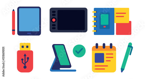 Flat vector icons of digital-friendly stationery: tablet stylus, graphic pad, smart notebook, digital sticky notes, USB pen drive, phone stand, digital planner icon, touch pen.