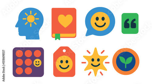 Flat vector icons of positivity and gratitude: positive mindset icon, gratitude journal badge, happy thought bubble, uplifting quote symbol, joy tracker icon, feel-good moment tag, smile spark icon,