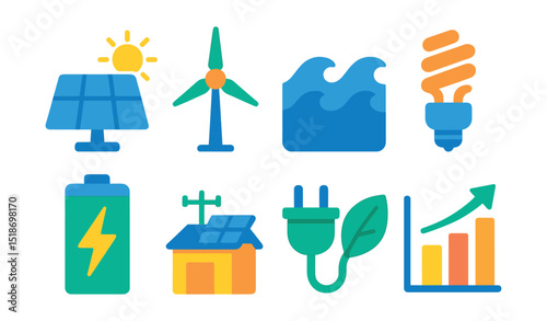 Flat vector icons of renewable energy and power sources: solar panel icon, wind turbine symbol, hydroelectric wave, energy-efficient bulb, battery storage unit, off-grid power station, green energy